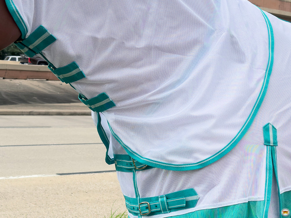 66 In - 84 In Hilason Horse Fly Sheet With Neck  Uv Protect Mesh Bug Mosquito Summer White/Turquoise