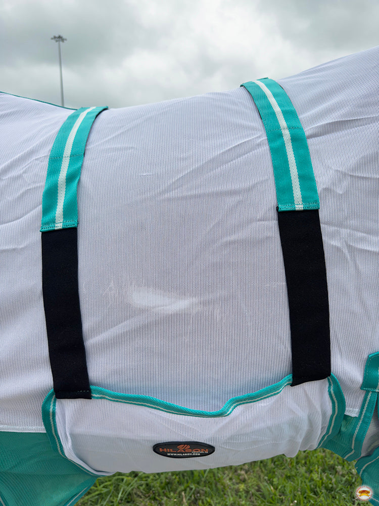 66 In - 84 In Hilason Horse Fly Sheet With Neck  Uv Protect Mesh Bug Mosquito Summer White/Turquoise