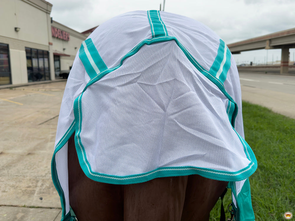 66 In - 84 In Hilason Horse Fly Sheet With Neck  Uv Protect Mesh Bug Mosquito Summer White/Turquoise