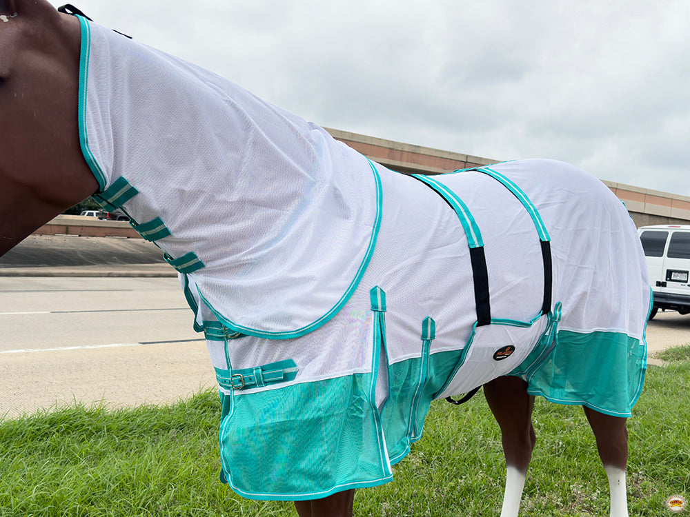 66 In - 84 In Hilason Horse Fly Sheet With Neck  Uv Protect Mesh Bug Mosquito Summer White/Turquoise