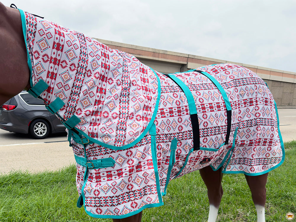 66 In - 84 In Hilason Horse Fly Sheet With Neck  Uv Protect Mesh Bug Mosquito Summer White Aztec