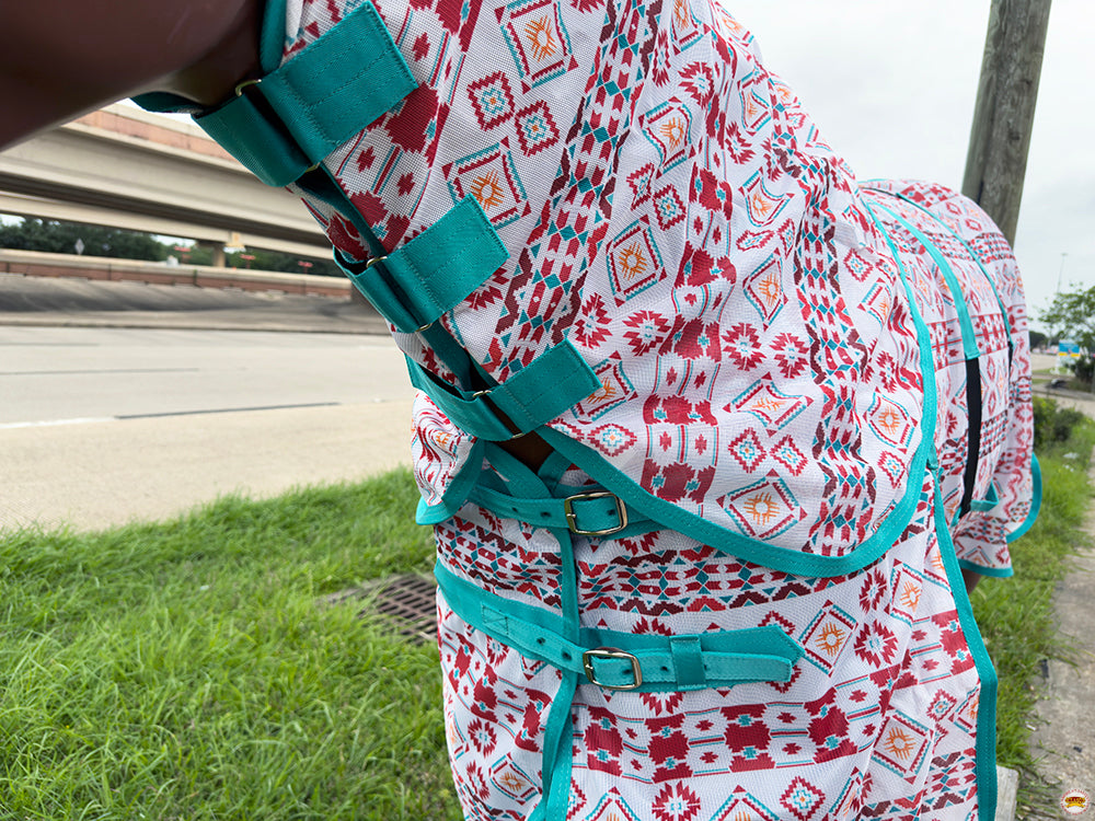 66 In - 84 In Hilason Horse Fly Sheet With Neck  Uv Protect Mesh Bug Mosquito Summer White Aztec