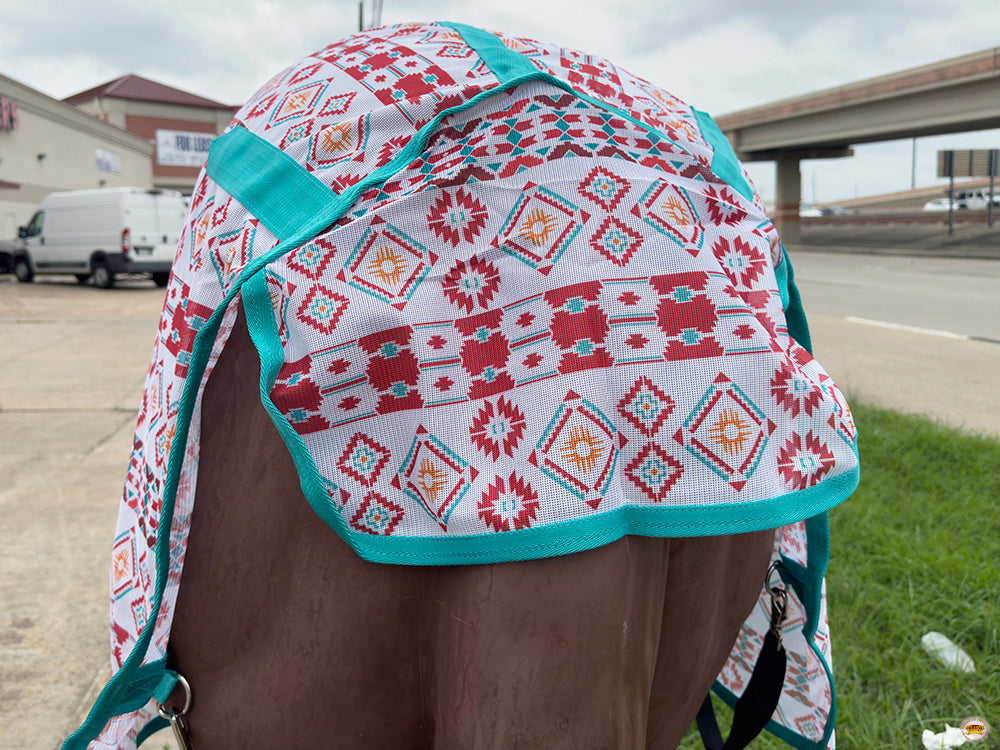 66 In - 84 In Hilason Horse Fly Sheet With Neck  Uv Protect Mesh Bug Mosquito Summer White Aztec