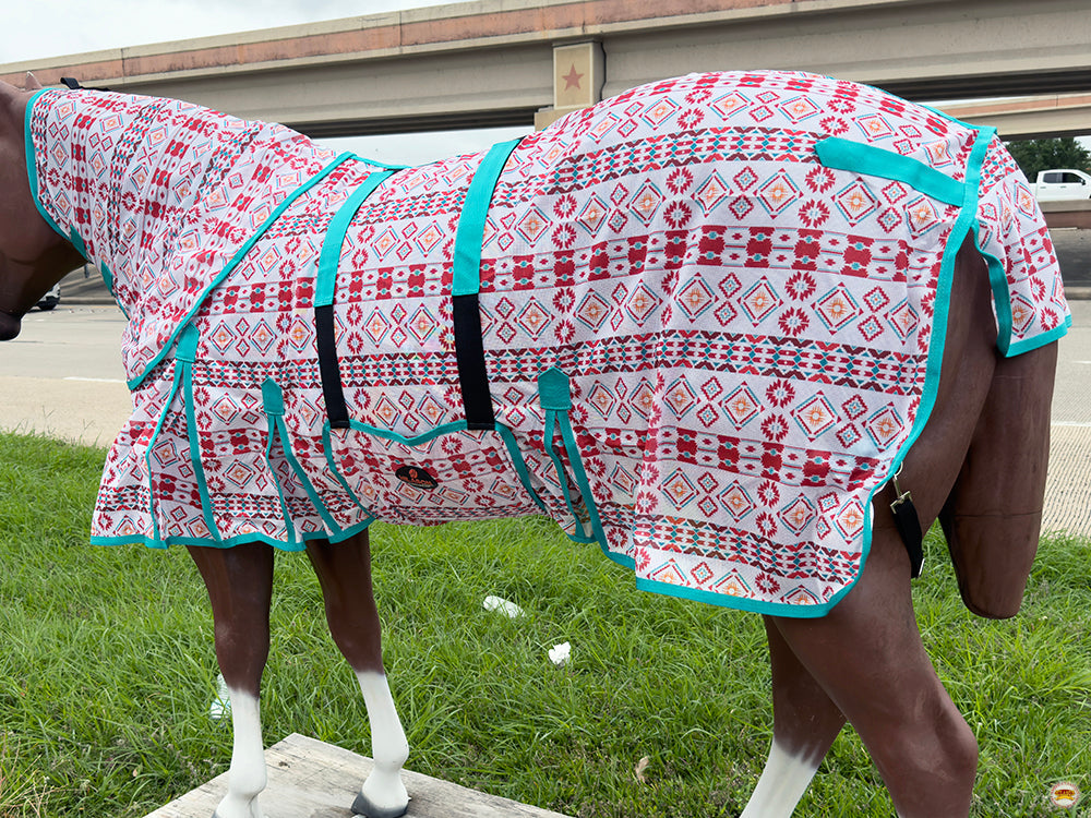 66 In - 84 In Hilason Horse Fly Sheet With Neck  Uv Protect Mesh Bug Mosquito Summer White Aztec