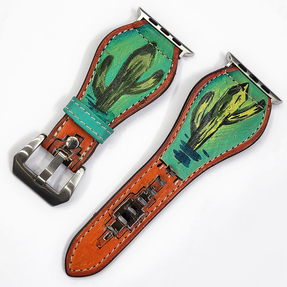 American Darling Hand Tooled I watch Strap Genuine Leather With Beautiful Cactus Hand Painted Smart Watch Strap
