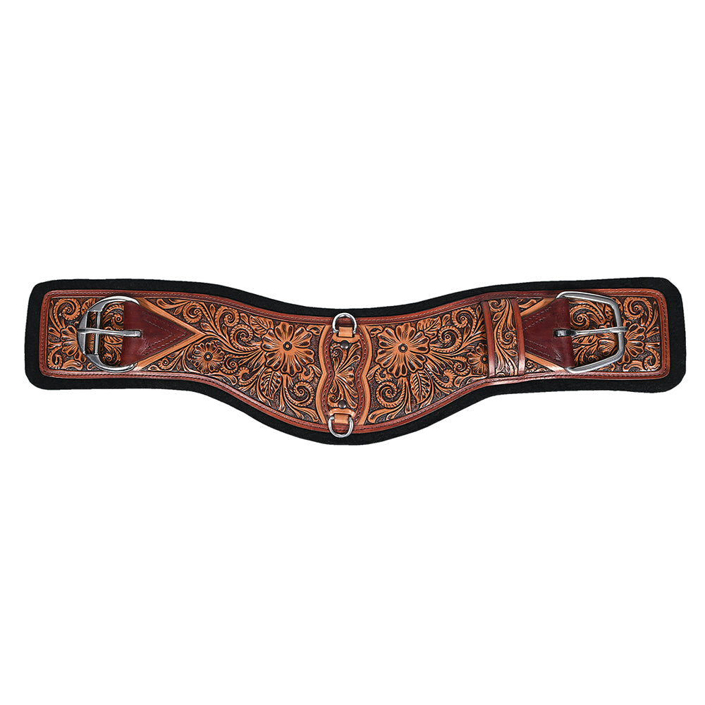 24 In HILASON Western Horse Saddle Cinch Girth Genuine Leather Brown Floral Hand Tooled &amp; Carved Stainless Steel Hardware