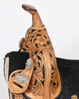 Hilason Western Horse Treeless Trail Barrel Saddle American Leather Floral Tan & Black Inlay