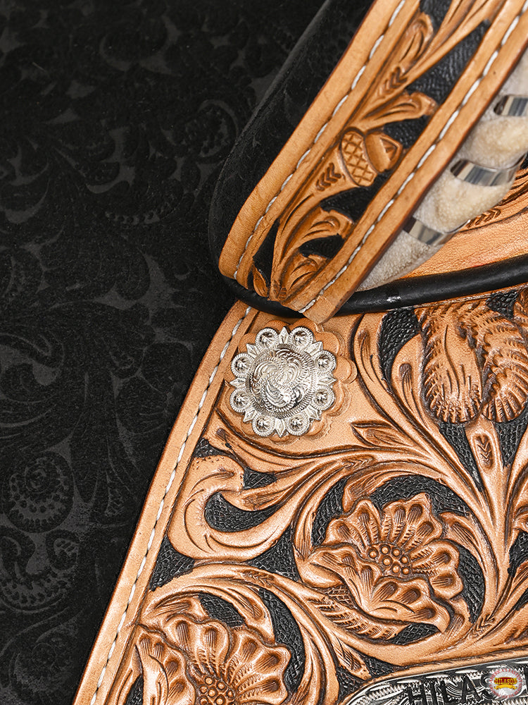 Hilason Western Horse Treeless Trail Barrel Saddle American Leather Floral Tan &amp; Black Inlay