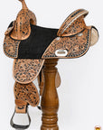 Hilason Western Horse Treeless Trail Barrel Saddle American Leather Floral Tan & Black Inlay