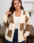 Plus Size Checker Ribbed Knit Buttoned V-Neck Cardigan