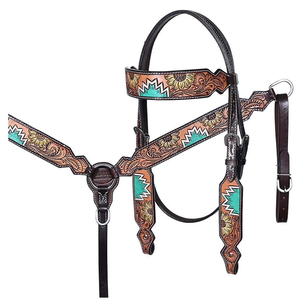 Hand-Carved Leather Western Headstall And Breast Collar Set For Training And Showing