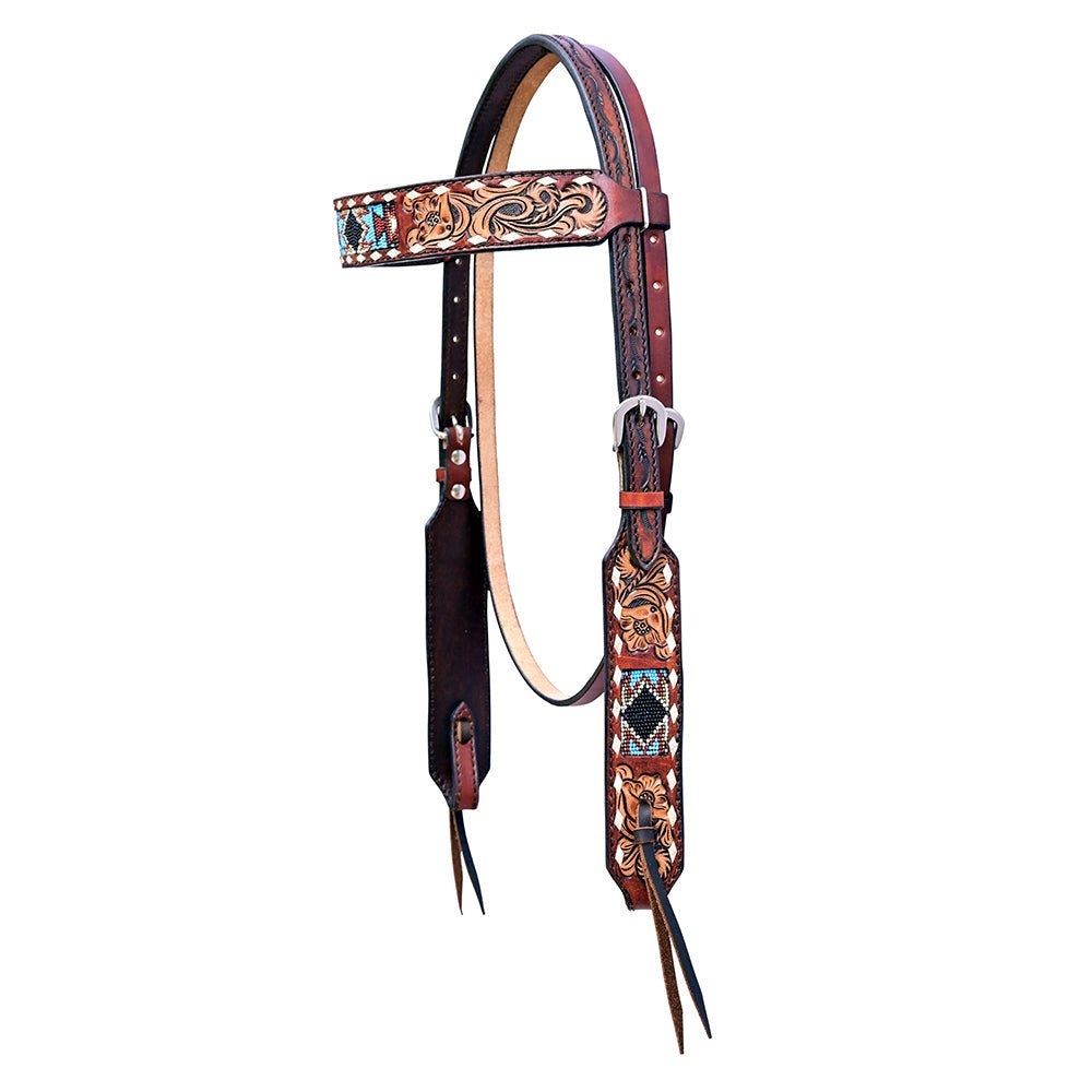 Western Horse Headstall And Floral Beaded Leather Breast Collar
