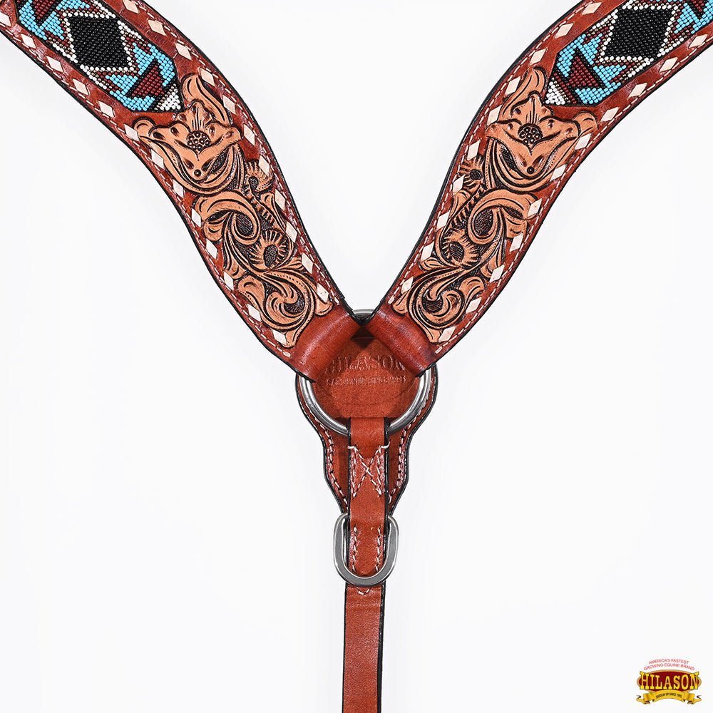 Western Horse Headstall And Floral Beaded Leather Breast Collar