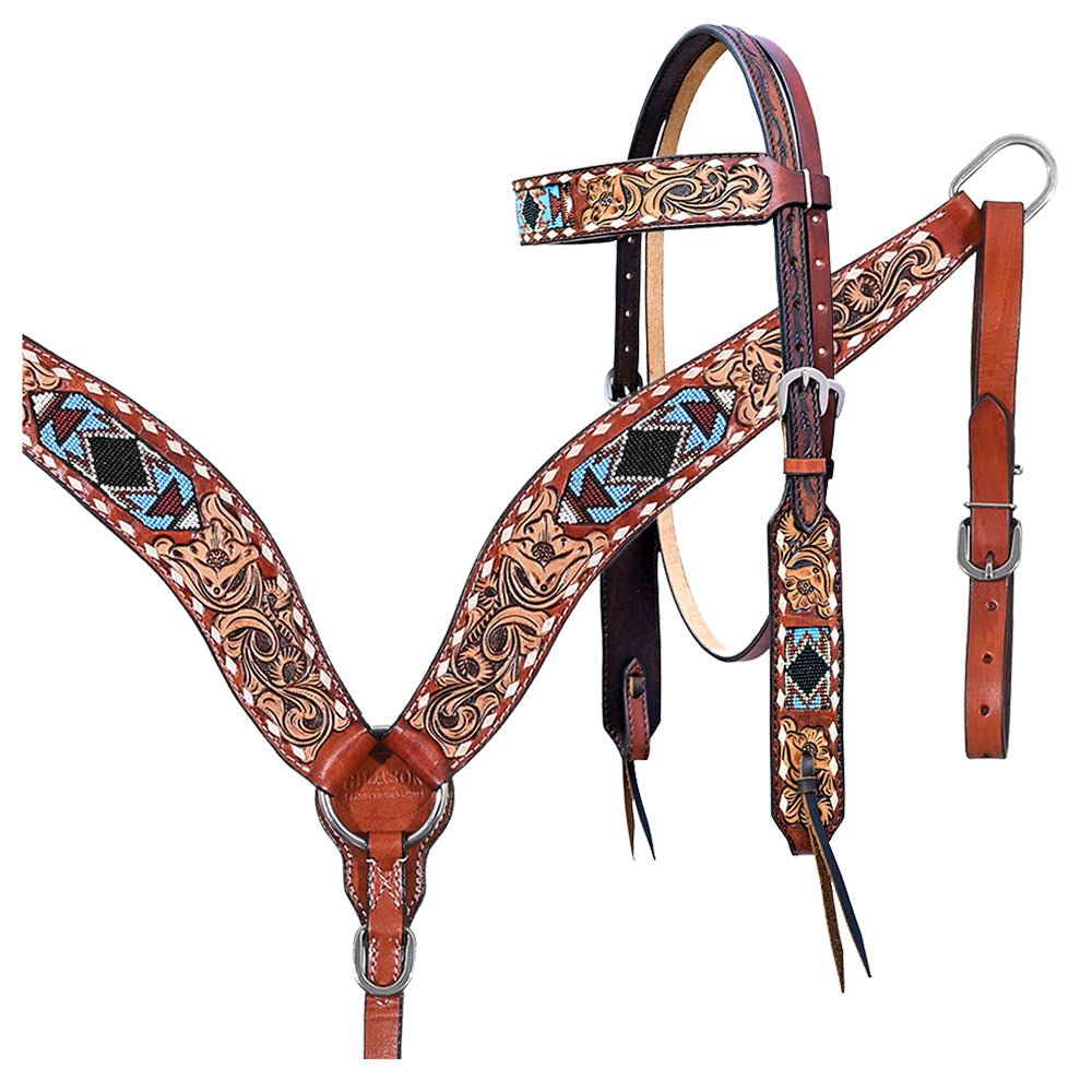 Western Horse Headstall And Floral Beaded Leather Breast Collar