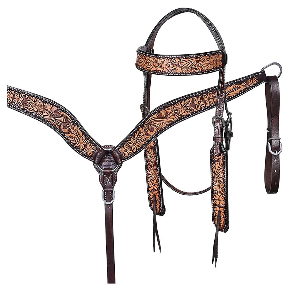 Hand-Carved Leather Western Headstall And Breast Collar Set For Training And Showing