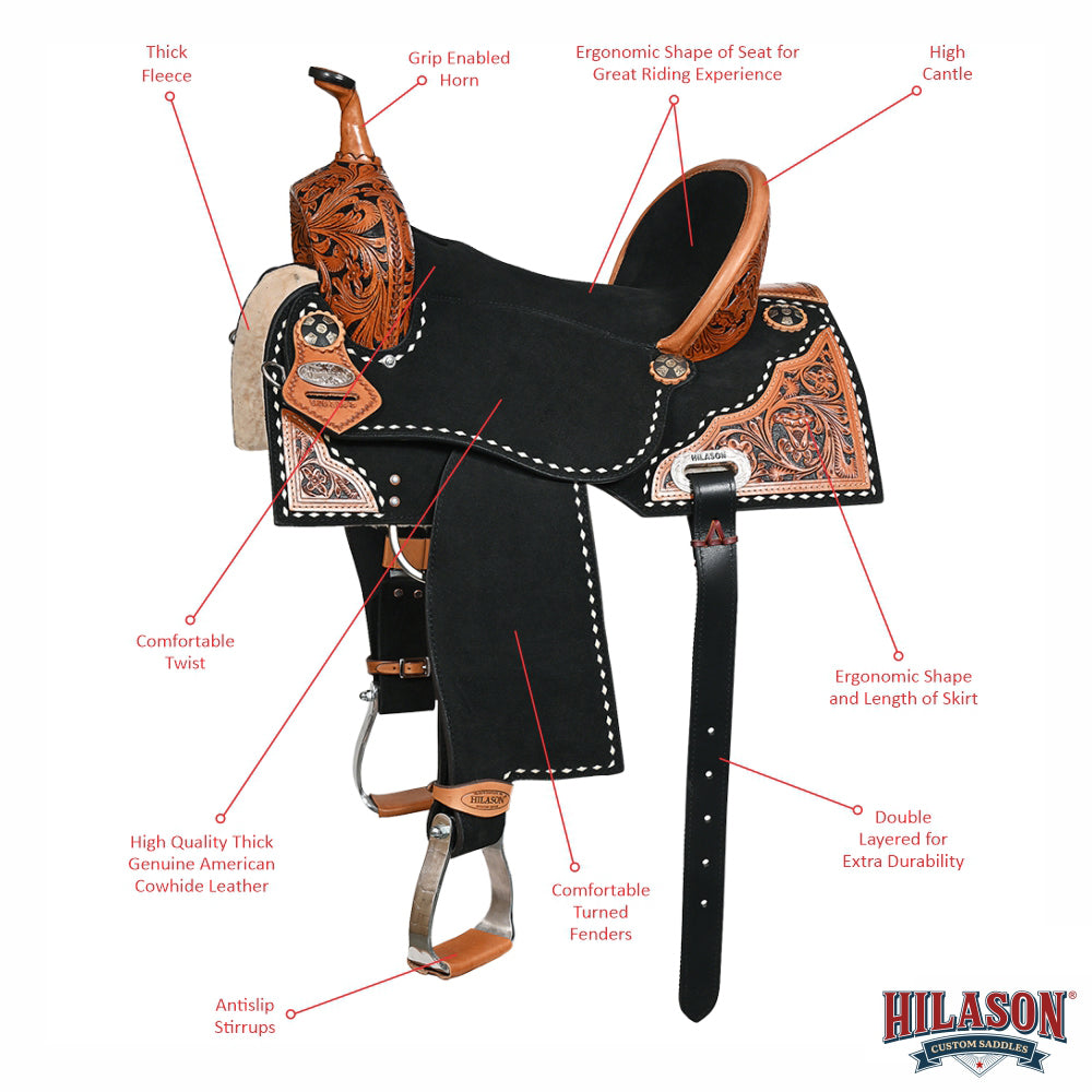 Hilason Western Horse Barrel Flex Tree Trail American Leather Saddle Black Gorgeous Floral Hand Tooled &amp; Carved