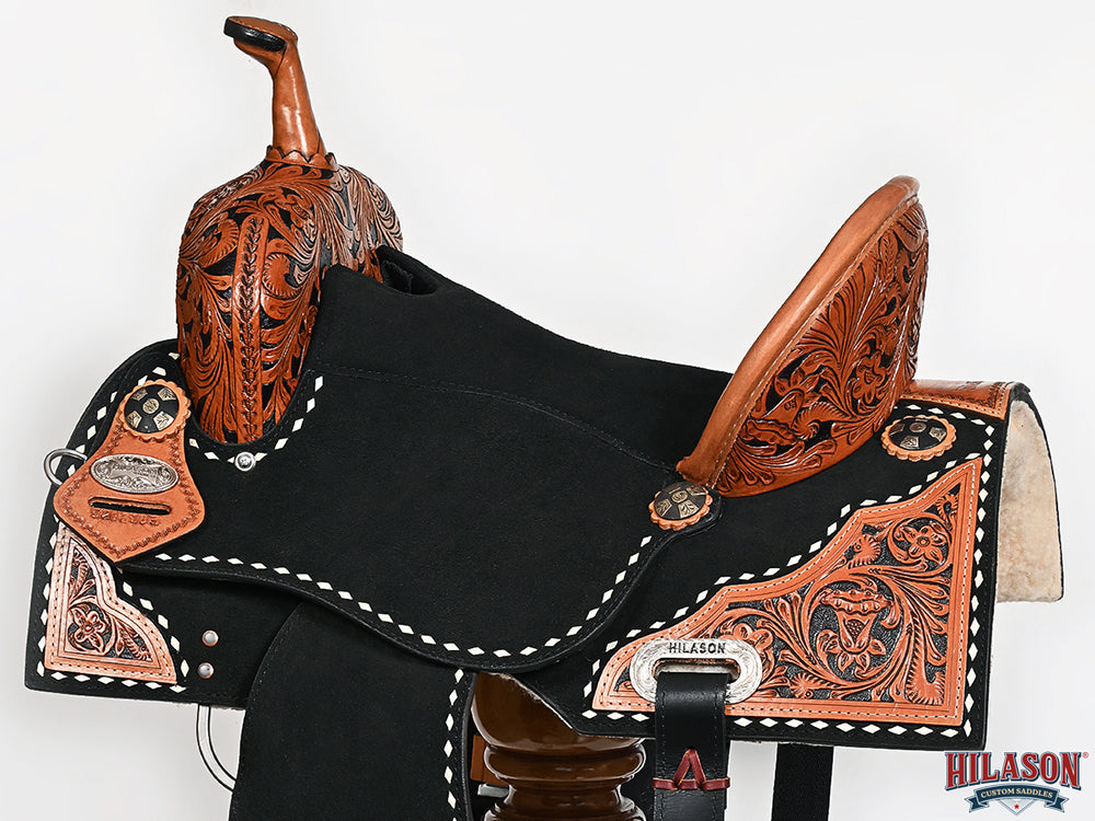 Hilason Western Horse Barrel Flex Tree Trail American Leather Saddle Black Gorgeous Floral Hand Tooled &amp; Carved