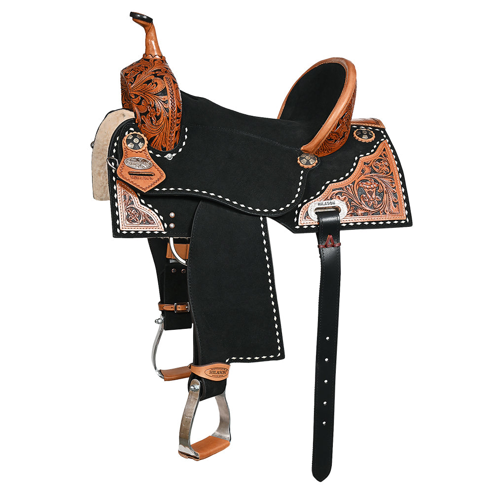 Hilason Western Horse Barrel Flex Tree Trail American Leather Saddle Black Gorgeous Floral Hand Tooled &amp; Carved