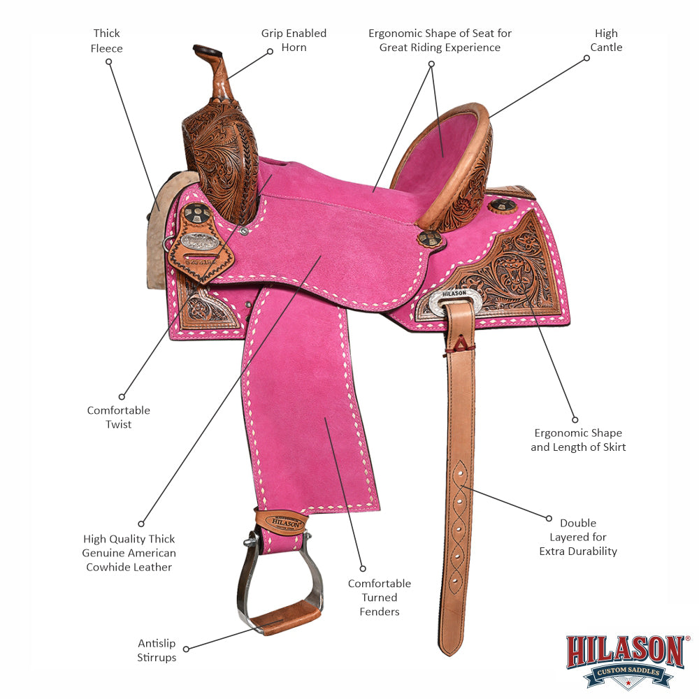 Hilason Western Horse Barrel Flex Tree Trail American Leather Saddle Pink Gorgeous Floral Hand Tooled &amp; Carved