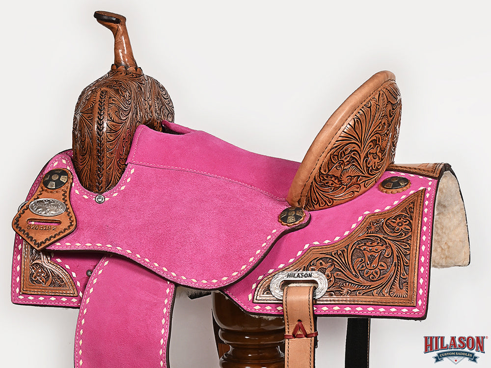 Hilason Western Horse Barrel Flex Tree Trail American Leather Saddle Pink Gorgeous Floral Hand Tooled &amp; Carved