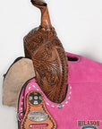 Hilason Western Horse Barrel Flex Tree Trail American Leather Saddle Pink Gorgeous Floral Hand Tooled & Carved