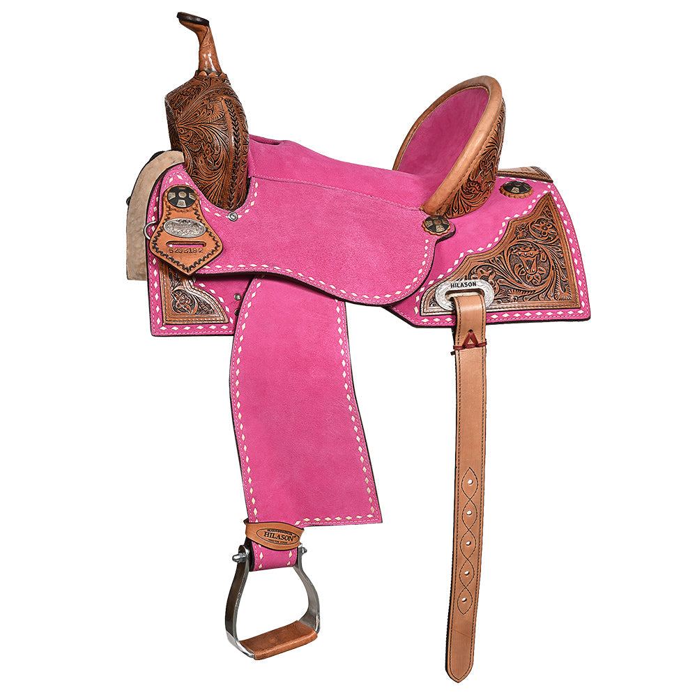 Hilason Western Horse Barrel Flex Tree Trail American Leather Saddle Pink Gorgeous Floral Hand Tooled &amp; Carved