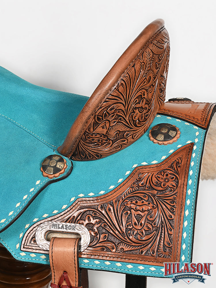 Hilason Western Horse Barrel Flex Tree Trail American Leather Saddle Turquoise Gorgeous Floral Hand Tooled &amp; Carved