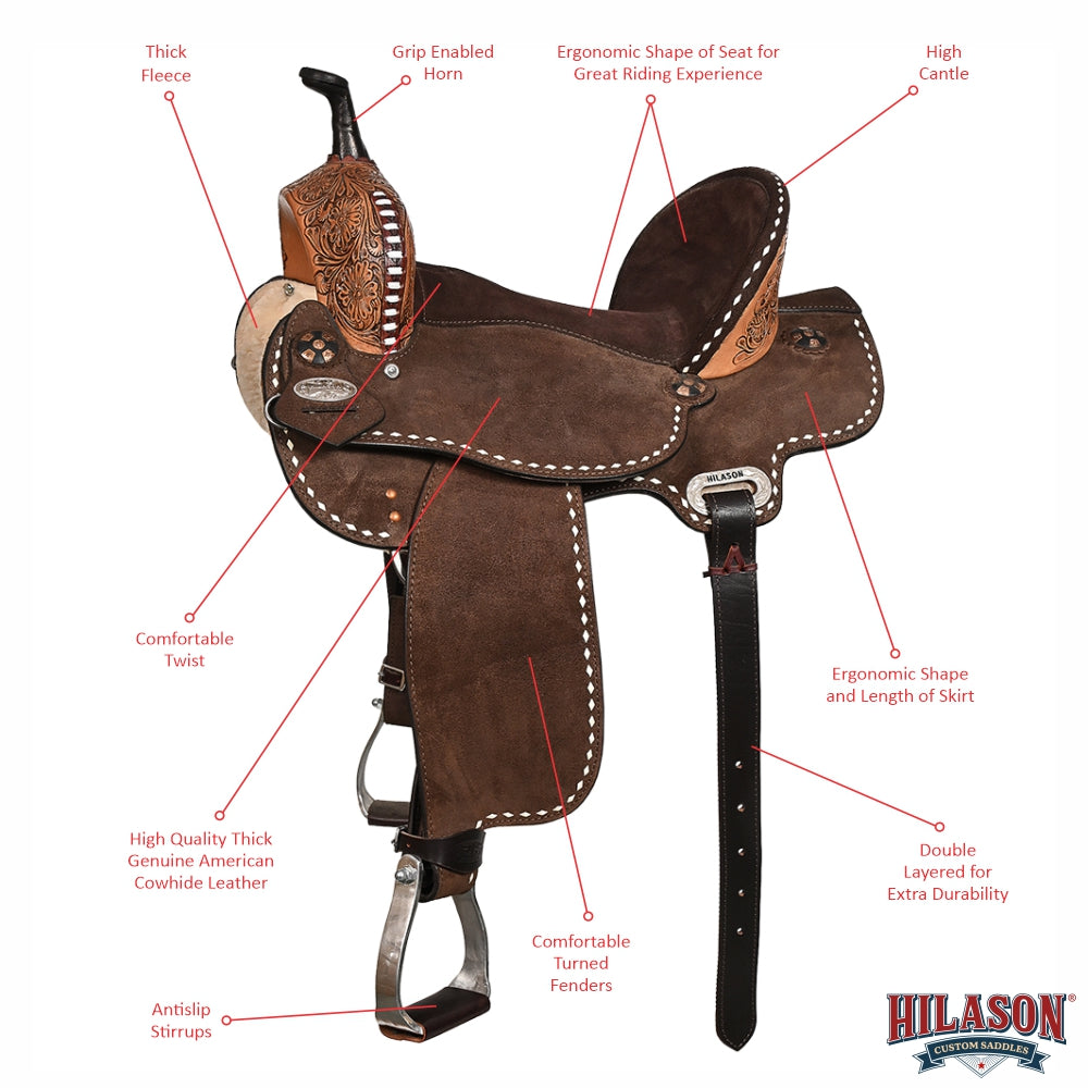 Hilason Western Horse Barrel Flex Tree Trail American Leather Saddle Dark Brown Gorgeous Floral Hand Tooled &amp; Carved