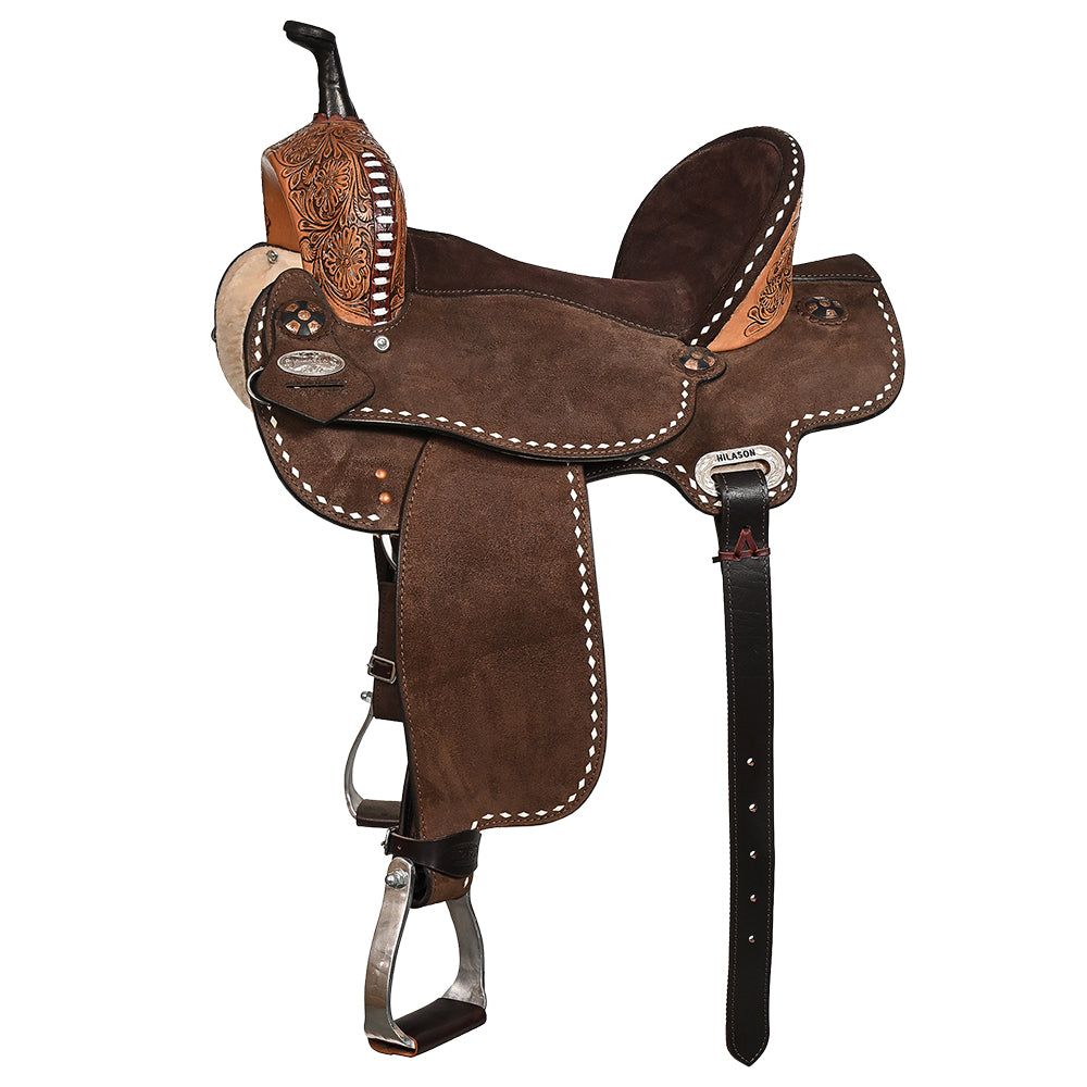 Hilason Western Horse Barrel Flex Tree Trail American Leather Saddle Dark Brown Gorgeous Floral Hand Tooled &amp; Carved