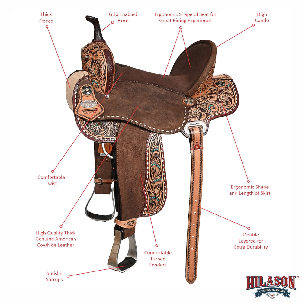 Hilason Western Horse Barrel Flex Tree Trail American Leather Saddle Brown Gorgeous Floral Hand Tooled &amp; Carved
