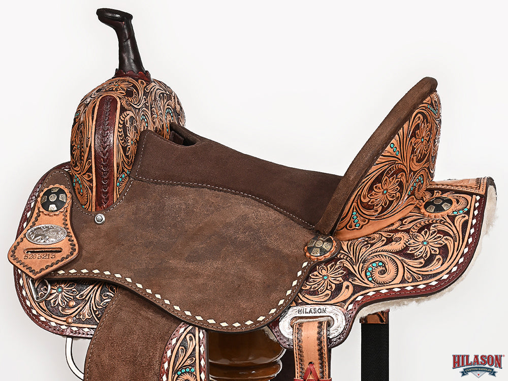 Hilason Western Horse Barrel Flex Tree Trail American Leather Saddle Brown Gorgeous Floral Hand Tooled &amp; Carved
