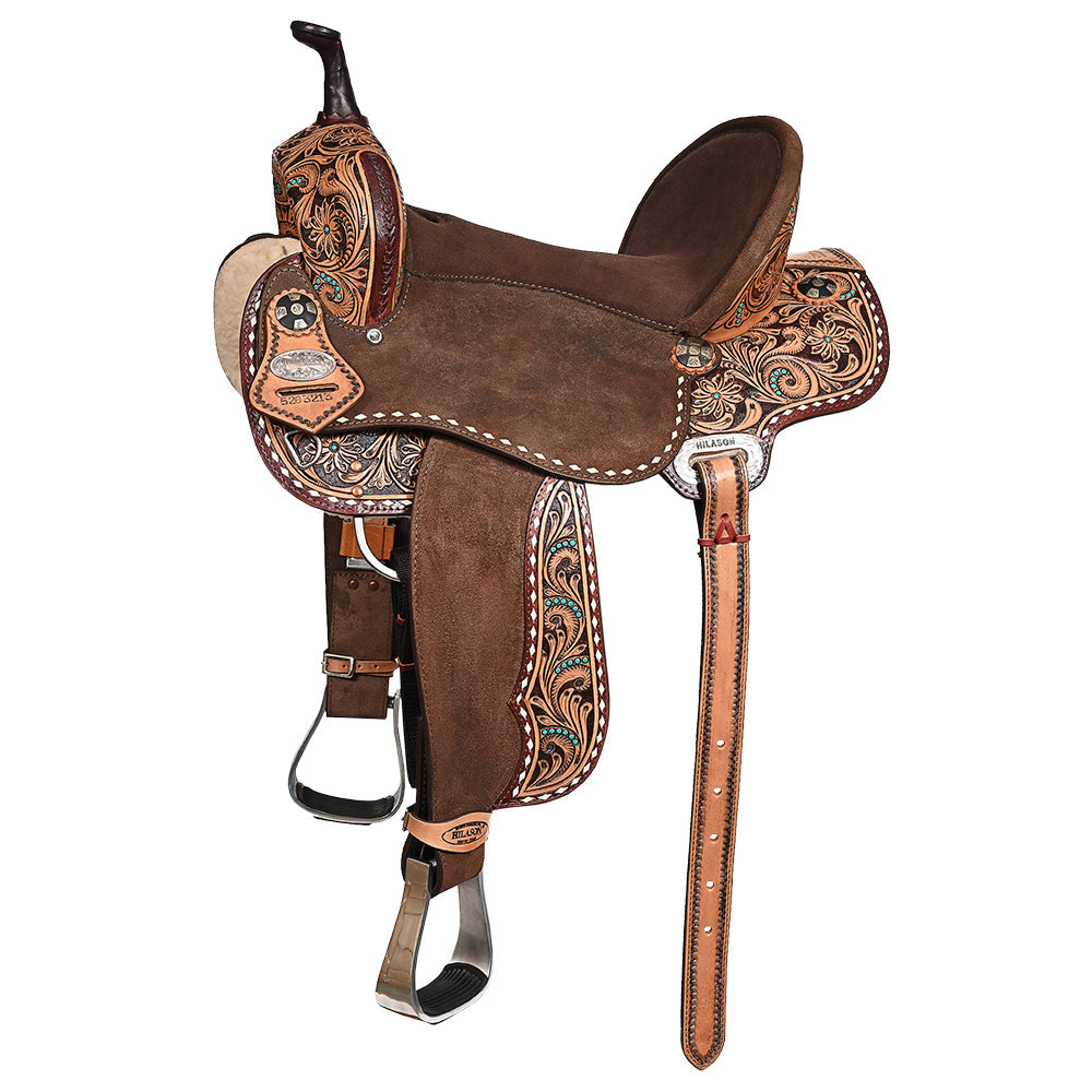 Hilason Western Horse Barrel Flex Tree Trail American Leather Saddle Brown Gorgeous Floral Hand Tooled &amp; Carved