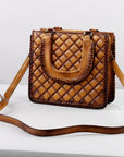 Handcrafted Leather Crossbody Bag With Diamond Quilting Details In Burnished Tan