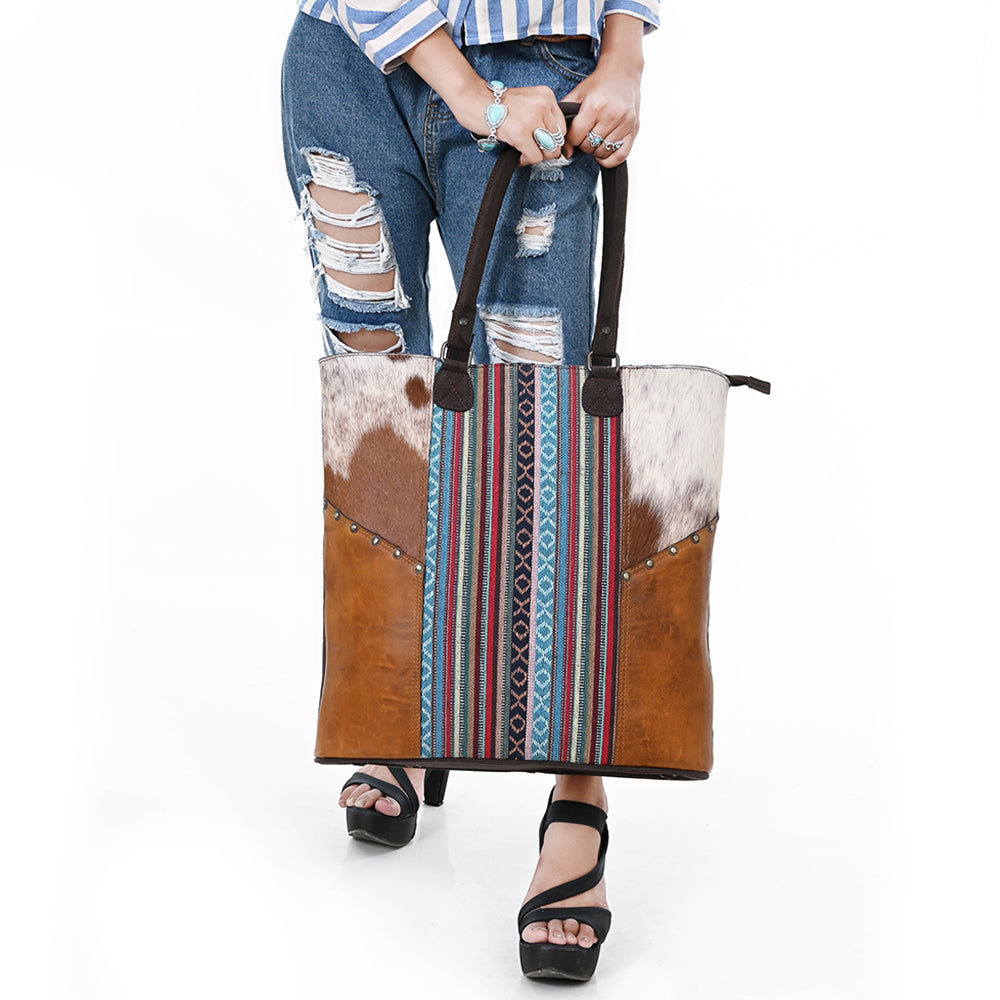 OHLAY Tote Hair On Upcycled Canvas  Genuine Leather Women Bag Western Handbag Purse