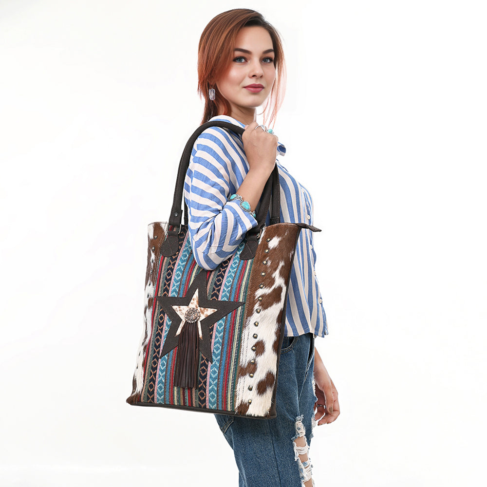 OHLAY Tote Hair On Upcycled Canvas  Genuine Leather Women Bag Western Handbag Purse
