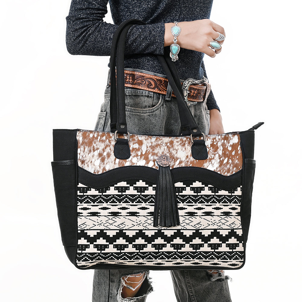 OHLAY Tote Hair On Upcycled Canvas  Genuine Leather Women Bag Western Handbag Purse