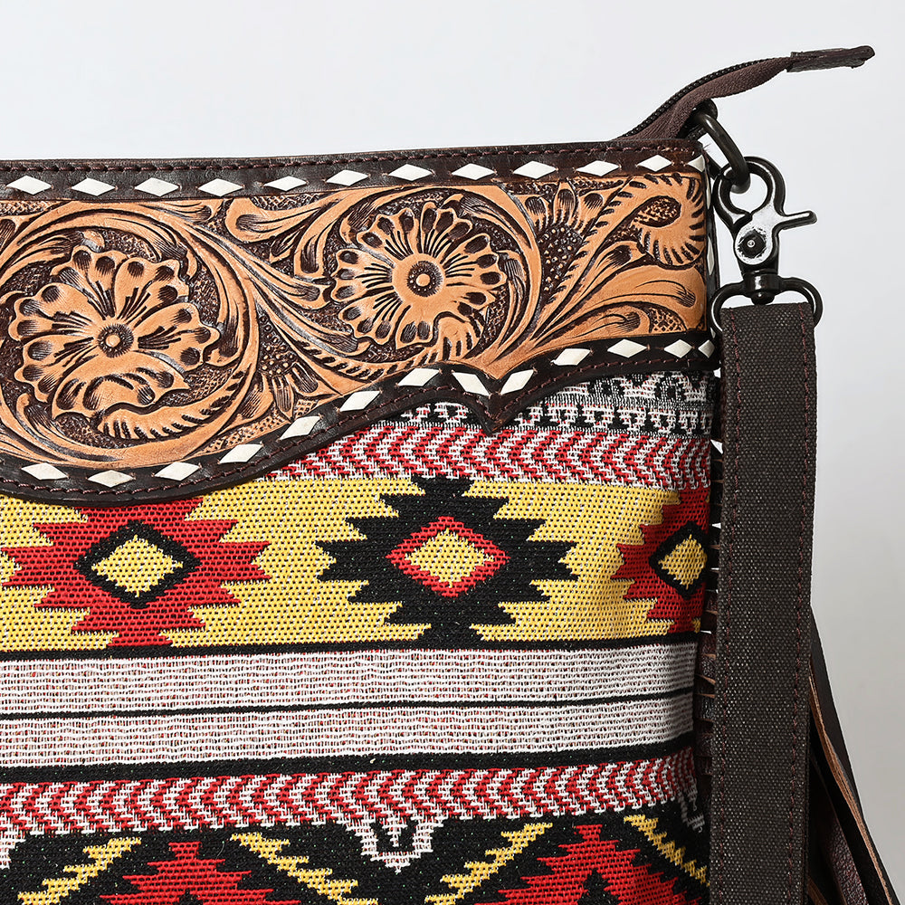 OHLAY Large Crossbody Hand Tooled Upcycled Canvas  Genuine Leather Women Bag Western Handbag Purse