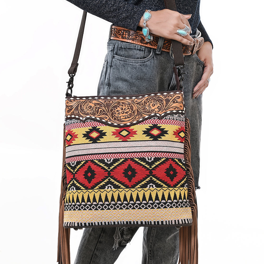 OHLAY Large Crossbody Hand Tooled Upcycled Canvas  Genuine Leather Women Bag Western Handbag Purse
