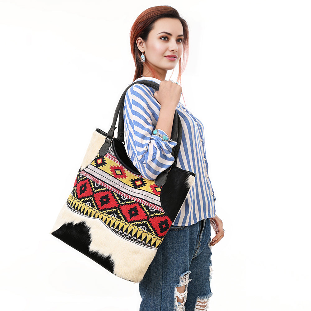 OHLAY Tote Hair On Upcycled Canvas  Genuine Leather Women Bag Western Handbag Purse