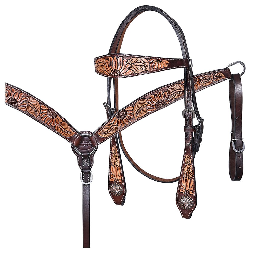 HILASON Western Horse Headstall &amp; Breast Collar American Leather Floral Carving
