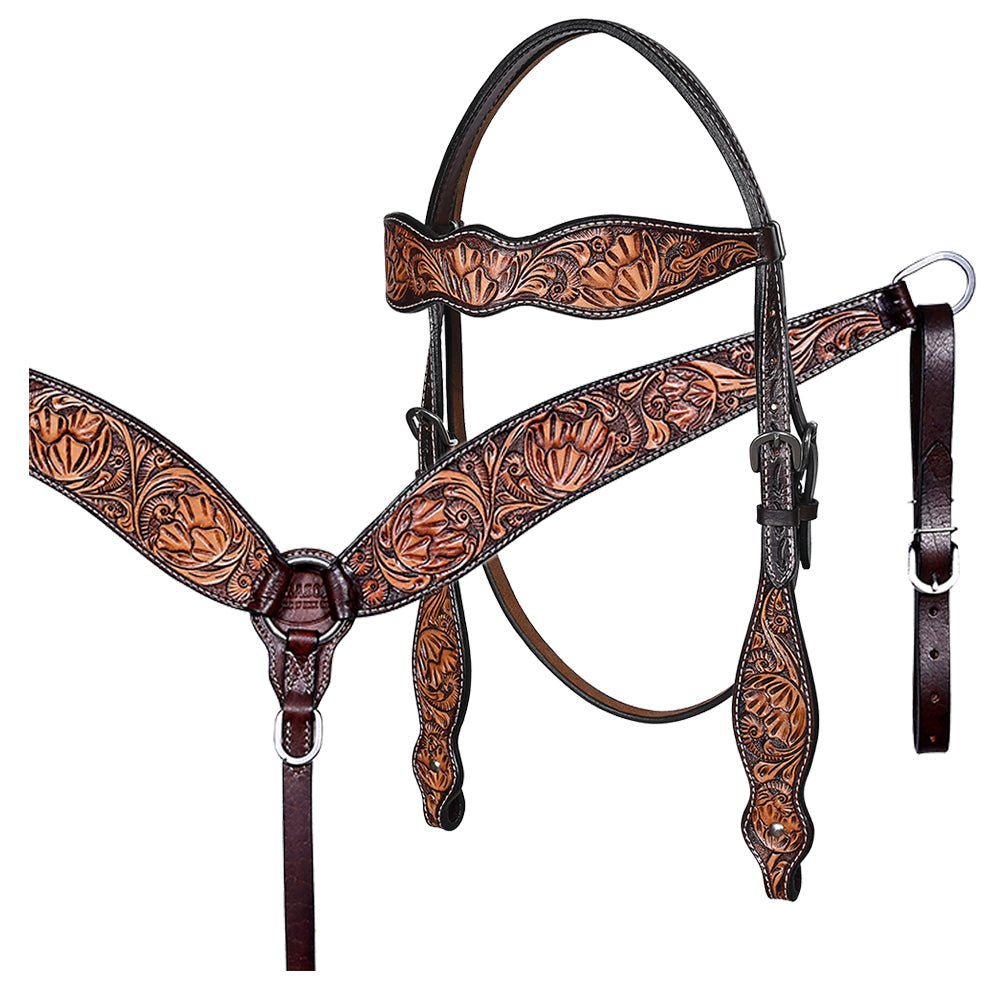 Hand-Carved Leather Western Headstall And Breast Collar Set For Training And Showing