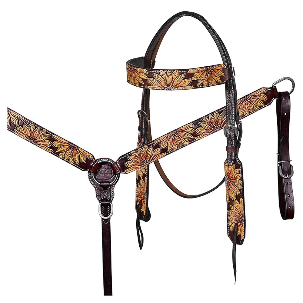 HILASON Western Horse Headstall &amp; Breast Collar American Leather Floral Carving
