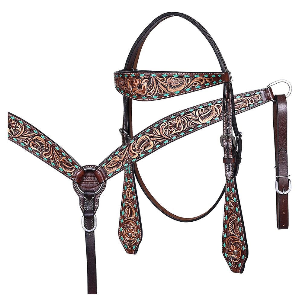 Hand-Carved Leather Western Headstall And Breast Collar Set For Training And Showing