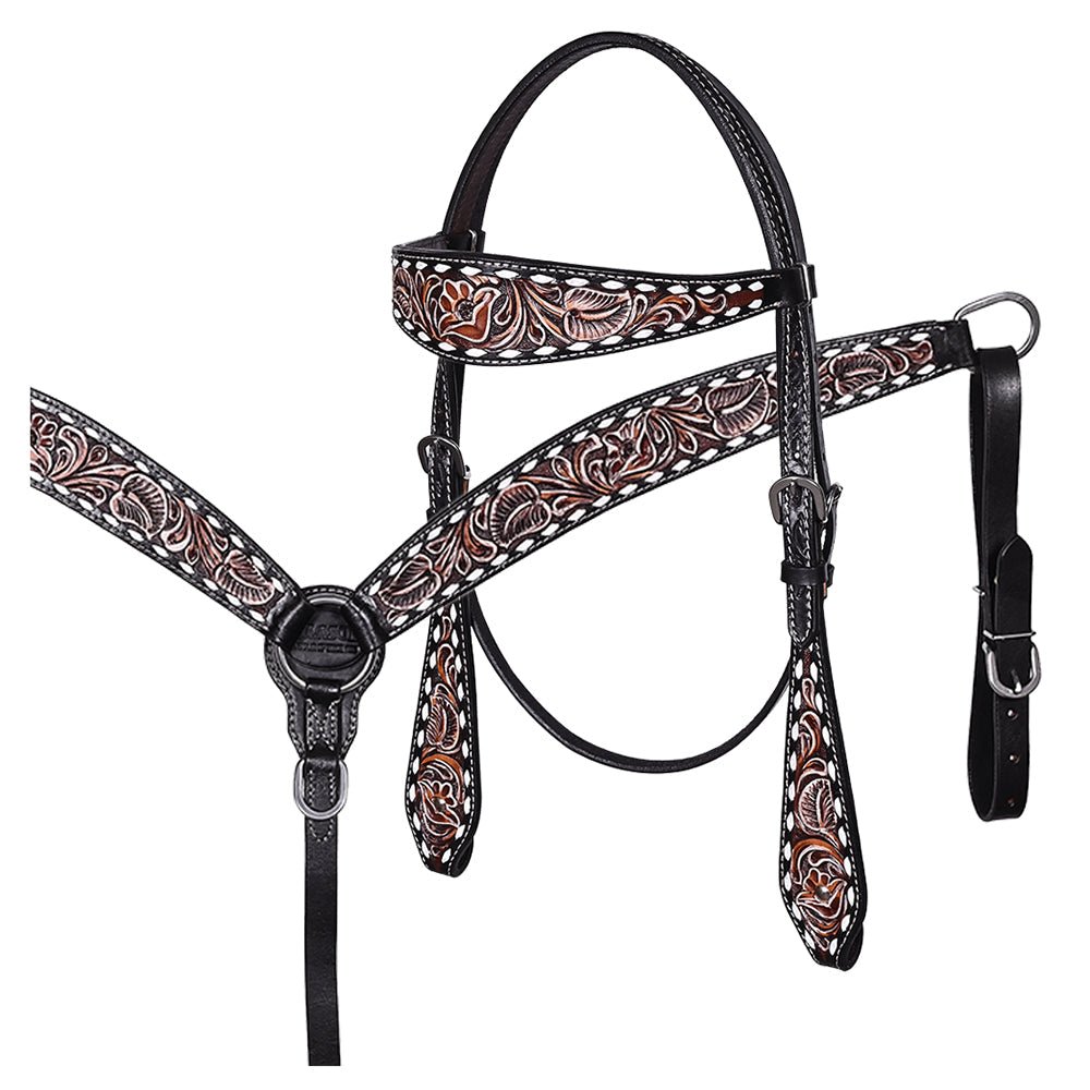 Hand-Carved Leather Western Headstall And Breast Collar Set For Training And Showing