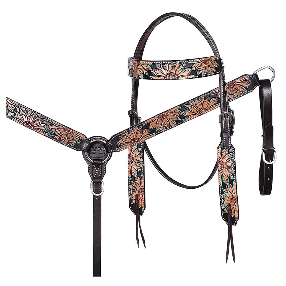 HILASON Western Horse Headstall &amp; Breast Collar American Leather Floral Carving