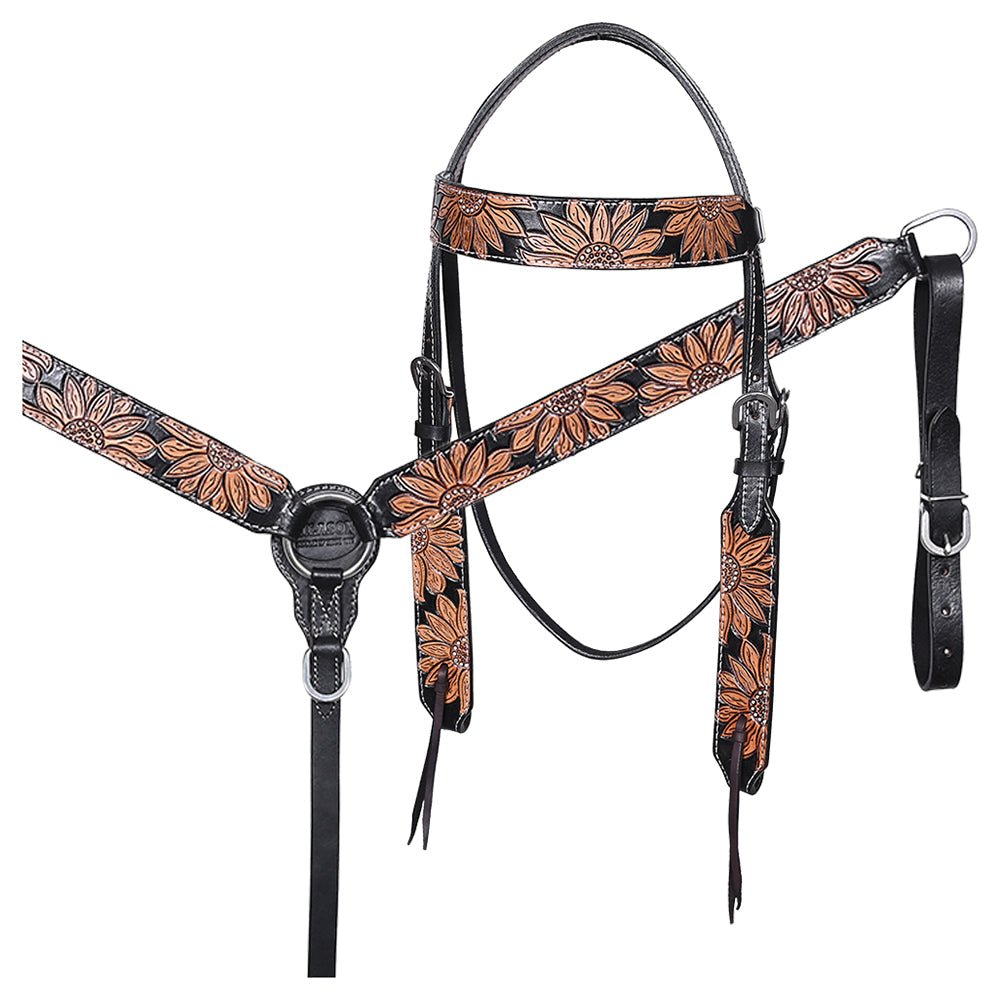HILASON Western Horse Headstall &amp; Breast Collar American Leather Floral Carving