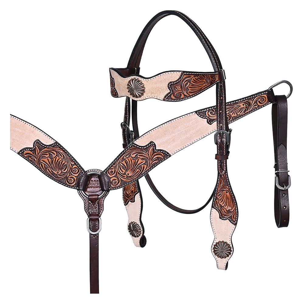 HILASON Western Horse Headstall &amp; Breast Collar American Leather Floral Carving