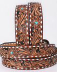 American Darling Floral Hand Carved Painted Belt Buckle Genuine Leather Covered Stylish Brown | Western