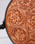 Genuine Leather Floral Tooled Round Crossbody Bag With Vintage Western Detailing