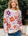 Floral Ribbed Trim Drop Shoulder Sweater